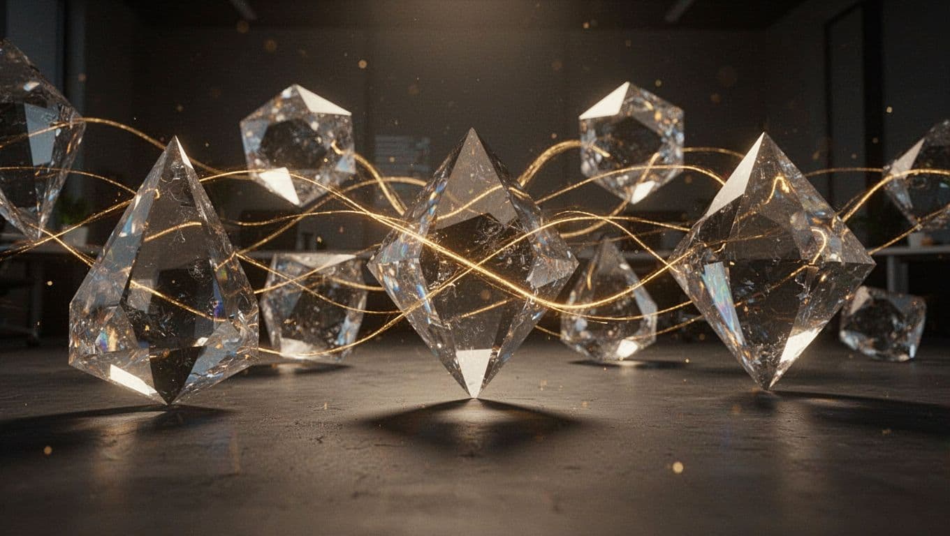 Bright golden light lines connect a series of sharp, crystalline geometric structures against a deep black background. This arrangement illustrates a high-speed, efficient flow of data through a modern virtual space.