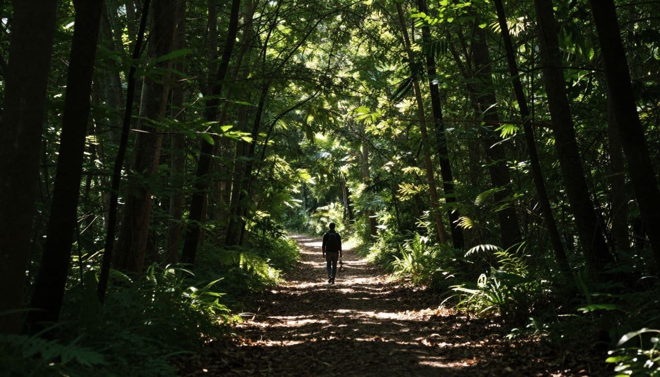 A lone traveler walks along a vibrant, sun-drenched dirt path winding through a dense forest. Golden rays pierce through the thick canopy of leaves, illuminating the trail with dramatic, high-contrast light.