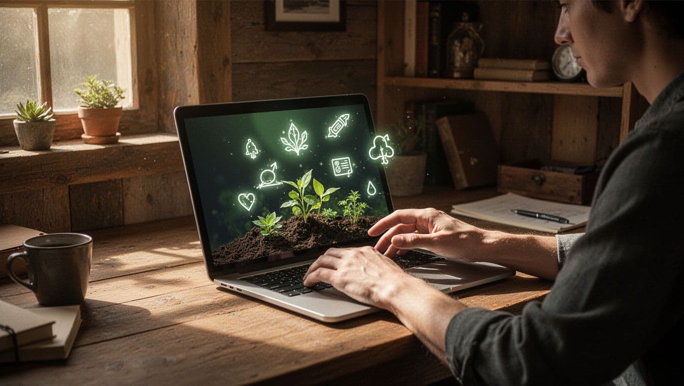 A person sits at a rustic wooden desk, carefully interacting with glowing digital icons on a laptop screen that represent growing financial assets. Warm cinematic lighting illuminates the focused home office.