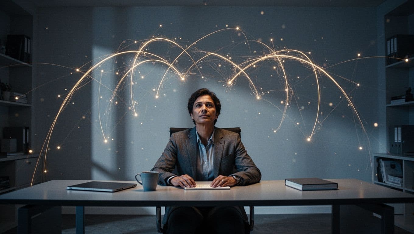A silhouette of an individual works at a desk while a glowing, intricate web of blue and gold data nodes floats mid-air, illuminating the surrounding office with a dramatic cinematic glow.