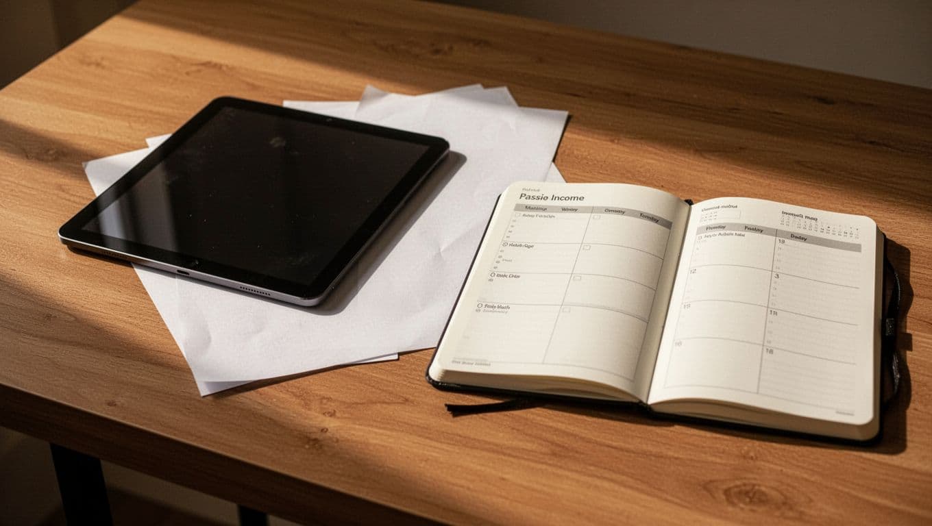 A clean desk surface features a glowing tablet screen, a printed paper checklist, and an open planner. Soft, warm ambient light illuminates these items against the dark, high-contrast tabletop surface.
