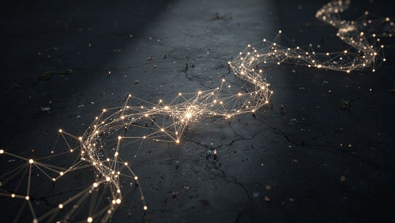 Bright points of light form an organic, branching path against a dark, moody background. Fine lines connect these nodes, illustrating the fast movement of trends across digital spaces.