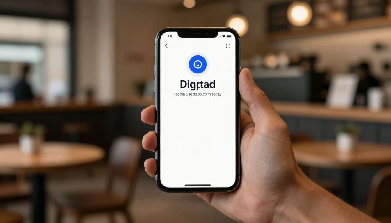 A person holds a smartphone displaying a clean financial app interface while sitting in a blurred cafe. Warm ambient lighting highlights the screen against the soft, out-of-focus background textures.