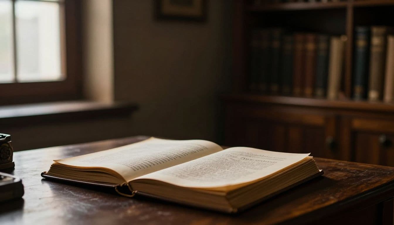 A soft golden glow filters through a window onto a heavy wooden desk featuring an open vintage journal. Dark shadows surround the desk, highlighting the warm textures of the wood grain.
