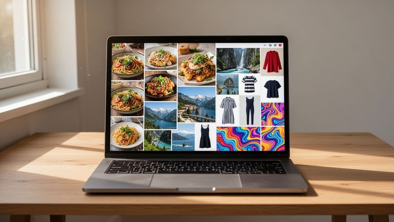 Laptop screen on desk shows cluttered Pinterest board with random recipe, travel, fashion, and art pins.