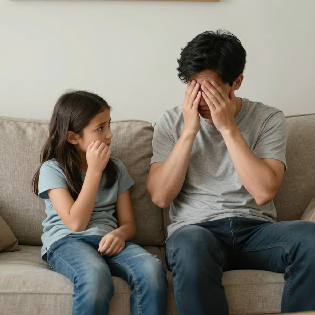 Distressed parent on sofa talks to worried 8-year-old child trying to comfort them in cozy living room.