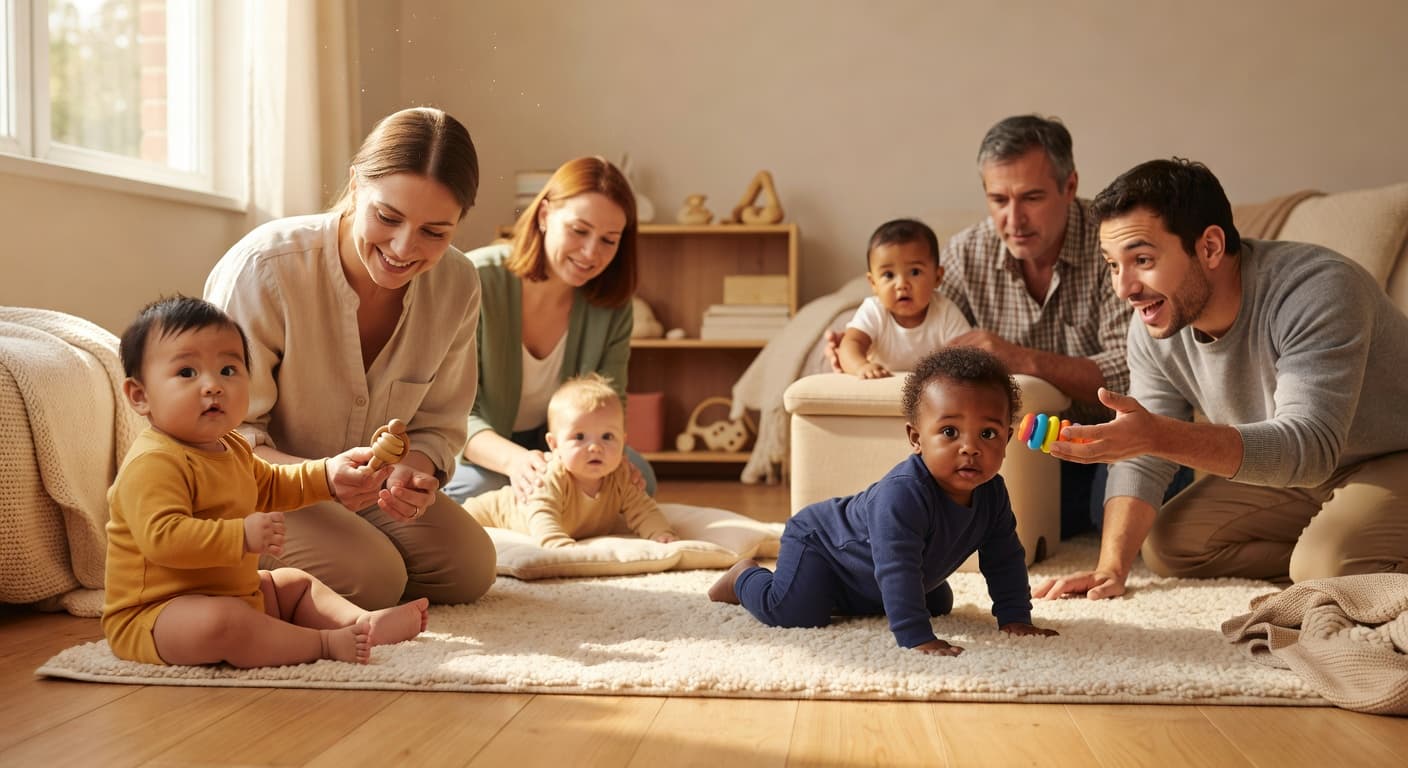 A group of diverse infants at various developmental stages sit and crawl on a soft rug in a warm, sunlit room while receiving attentive care and guidance from their smiling caregivers.