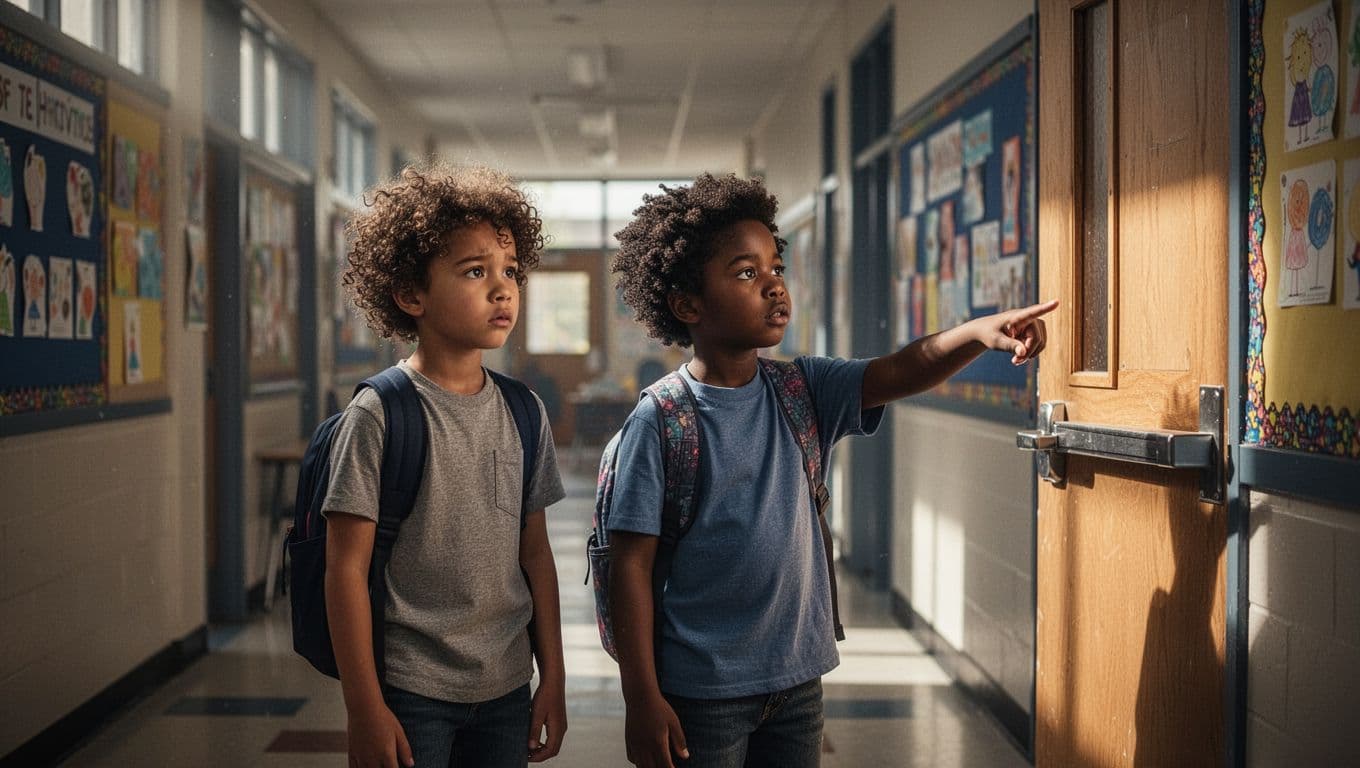 A diverse group of children stands in a dim school corridor, with some students pointing toward a doorway. Dramatic shadows and high contrast highlight the tension of making a difficult choice.
