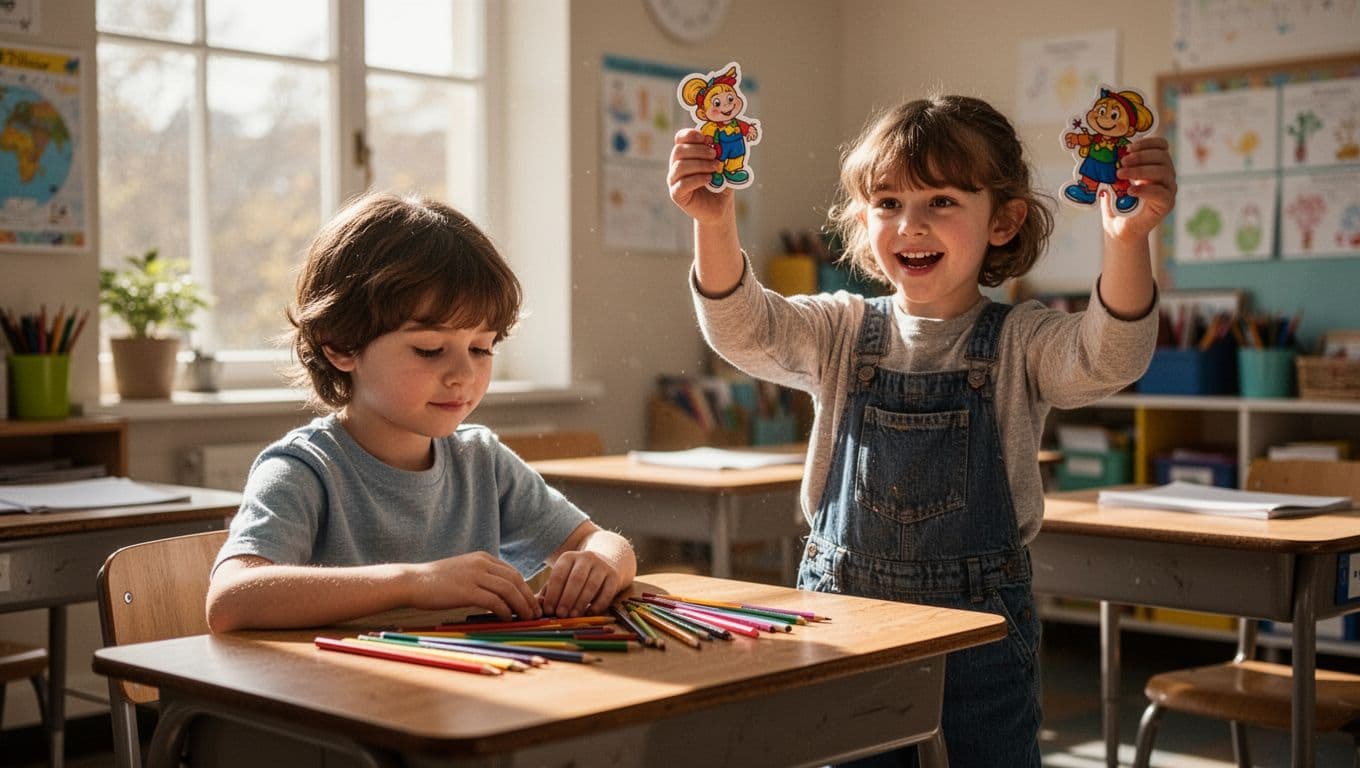 A quiet child organizes colorful pencils on a table while an energetic peer nearby holds a bright sticker. To the right, a third child finds comfort in a parent's gentle hug.