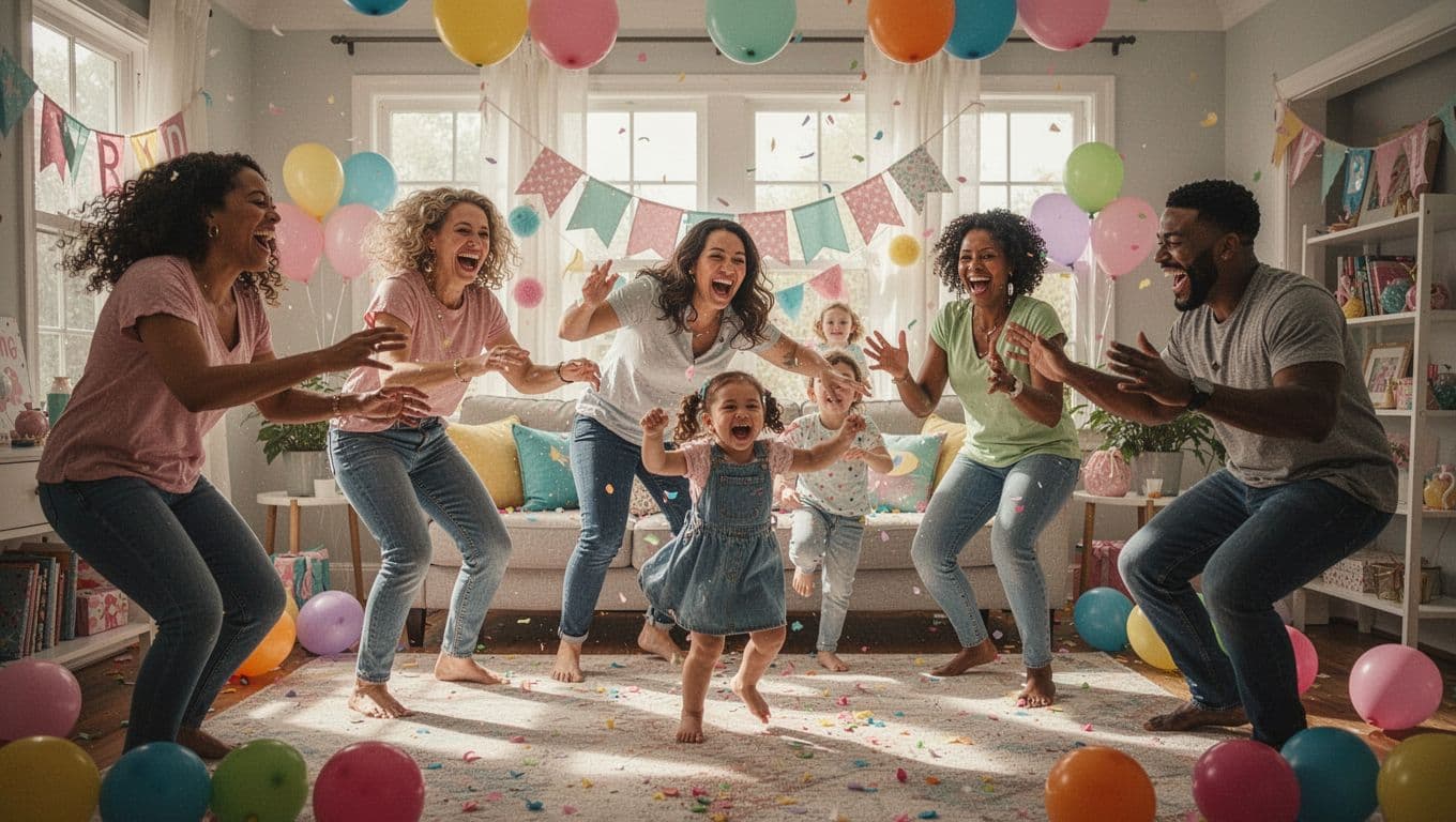 Six friends laugh while engaging in a fast-paced game inside a decorated living room. Sunlight illuminates the joyful expressions and energetic movement of the diverse group during the celebration.