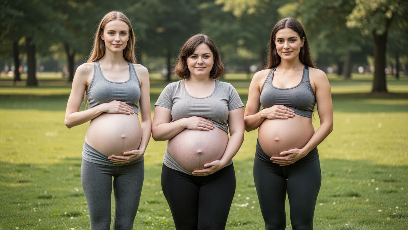 Three pregnant women of different heights and builds stand side by side in a sunny park, hands on bellies.
