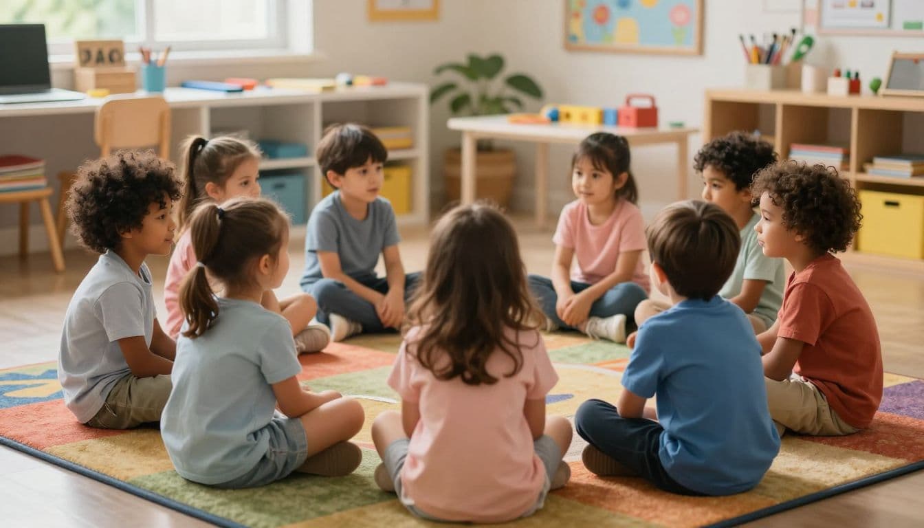 Six young children sit in a circular arrangement on a multicolored classroom rug. Sunlight streams into the cozy room as the group participates in a warm and friendly social activity.