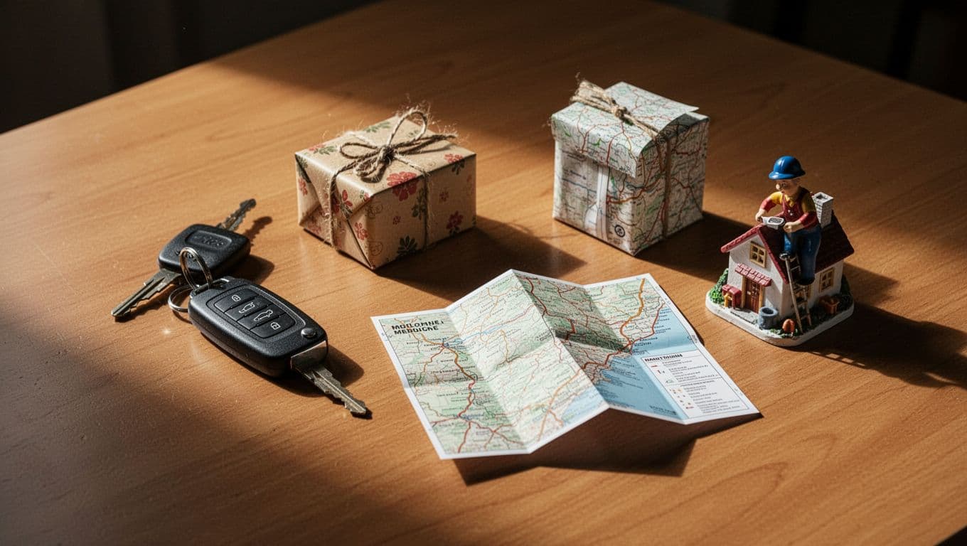 A silver car key, a wrapped gift box, a folded travel map, and a house icon sit on a rustic wooden surface. Dramatic lighting creates deep, sharp shadows across the flat arrangement.