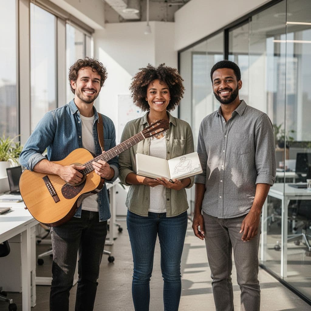 Three colleagues stand together in a bright office, holding a guitar and a sketchbook while smiling.