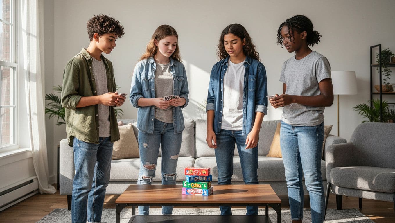 Four diverse teenagers stand in a bright living room, looking at card game boxes on a coffee table.