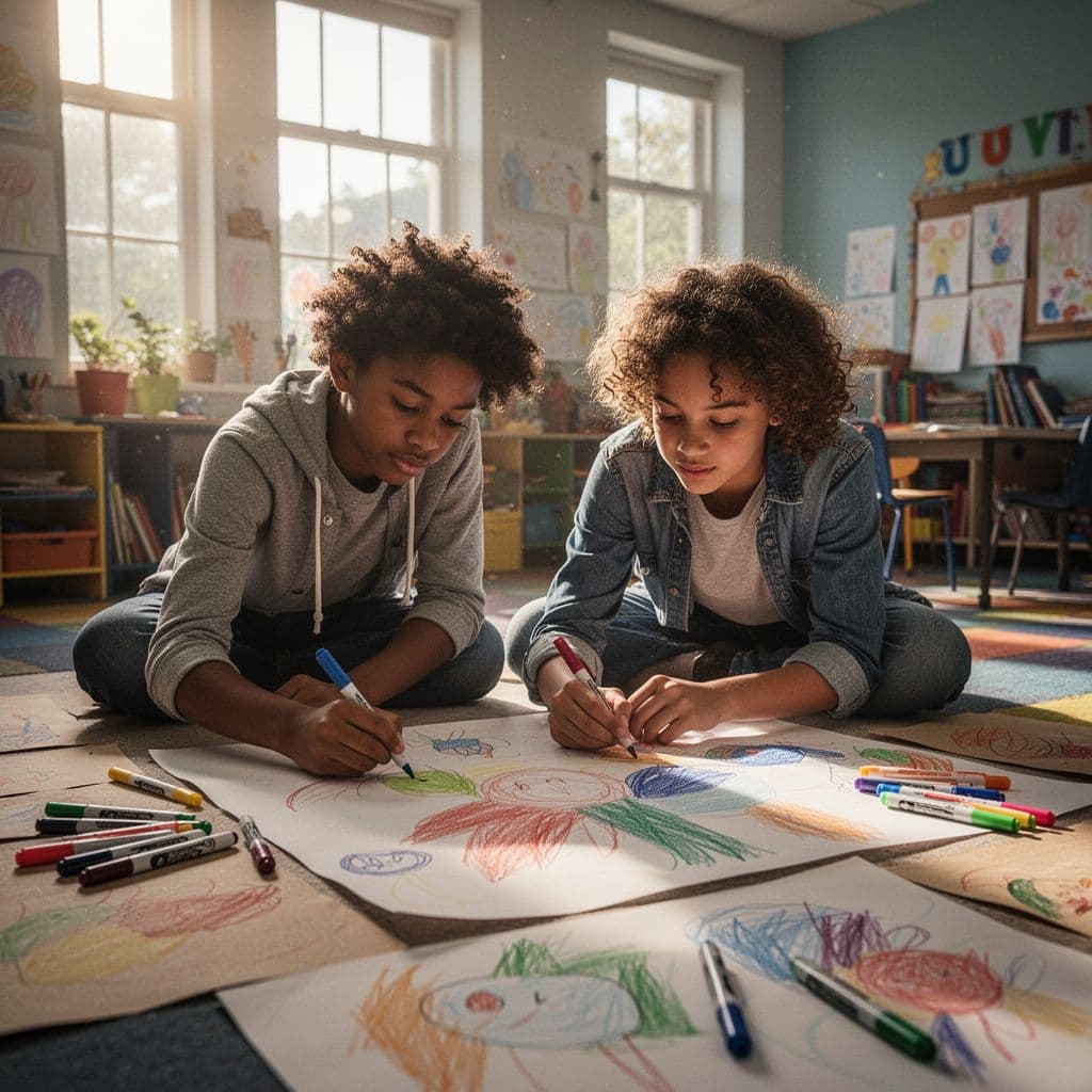 A diverse group of teenagers stands around a large table, actively working together on a colorful art mural. Bright sunlight streams through nearby windows, illuminating scattered markers and large paper sheets.