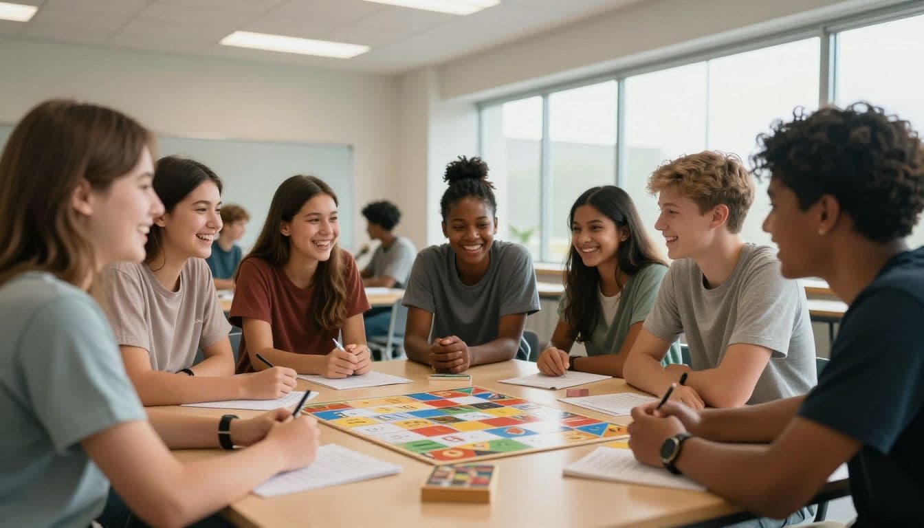 A diverse group of cheerful teenagers laughs while gathered in a bright, modern youth room. They are actively engaged in a casual activity, surrounded by vibrant decor and warm ambient lighting.