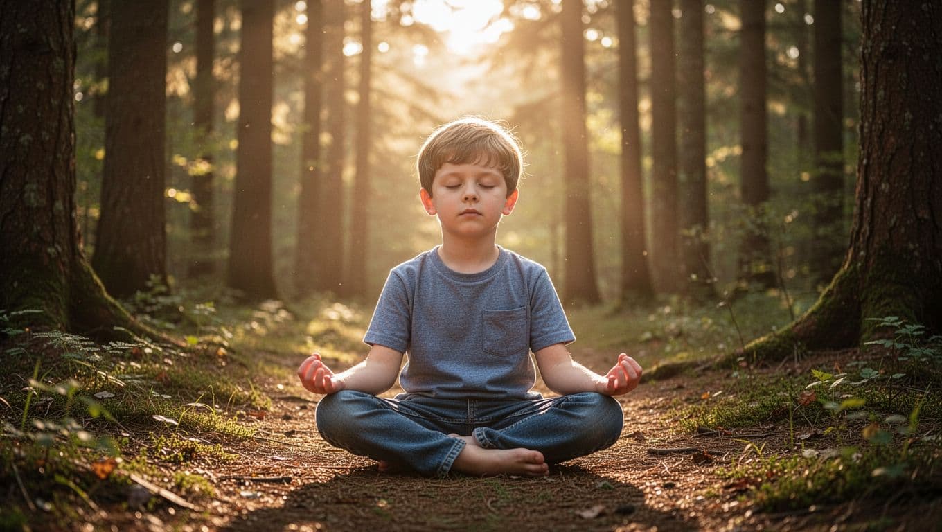 A young boy sits in a peaceful meditative pose within an ancient forest. Soft golden light radiates from behind his silhouette, casting a glowing aura against the surrounding dark wooden trees.