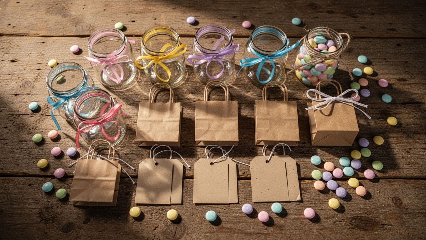 A rustic wooden table holds clear glass jars, neatly folded paper bags, and spools of colorful ribbon. Scattered thank-you tags and sweets await assembly for handmade baby shower party favors.