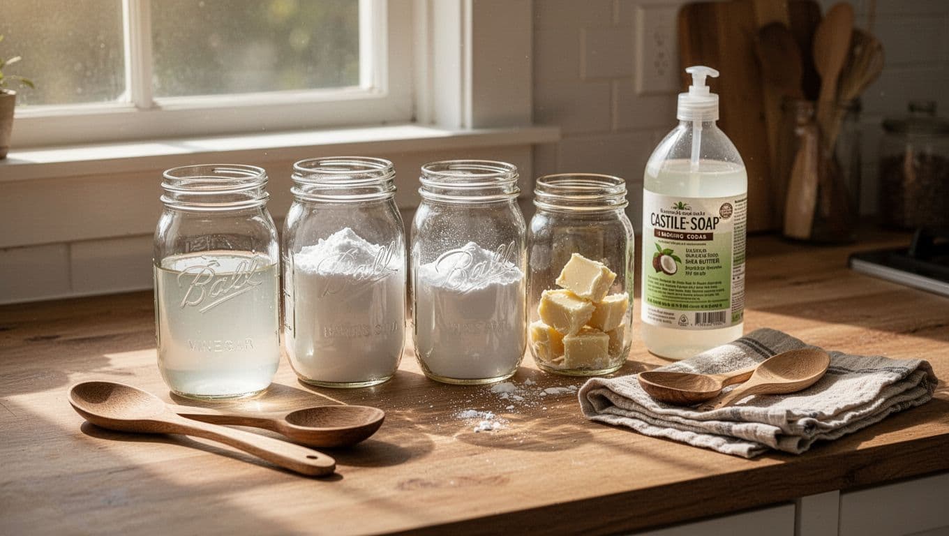 Reused glass jars on kitchen counter hold white vinegar, baking soda, coconut oil, shea butter, and castile soap with spoons and cloths in soft light.
