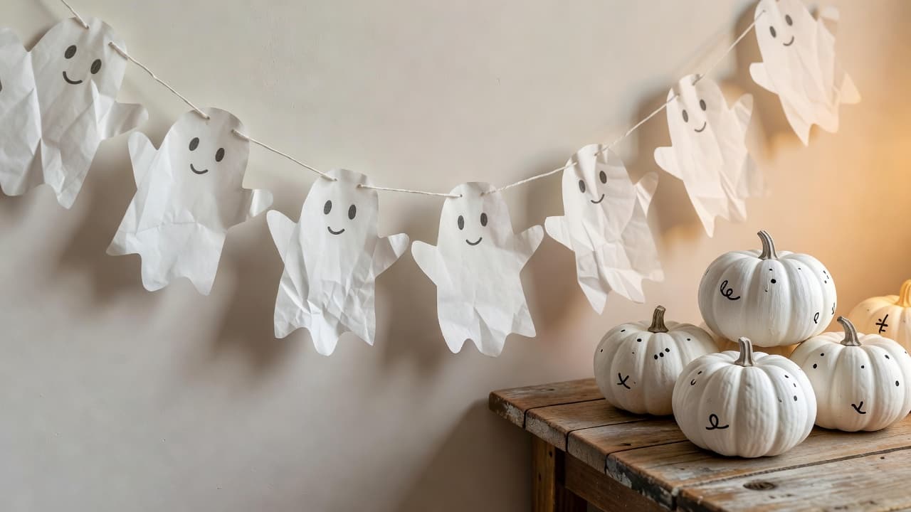 Handcrafted ghost decorations and painted white pumpkins arranged for a baby shower.