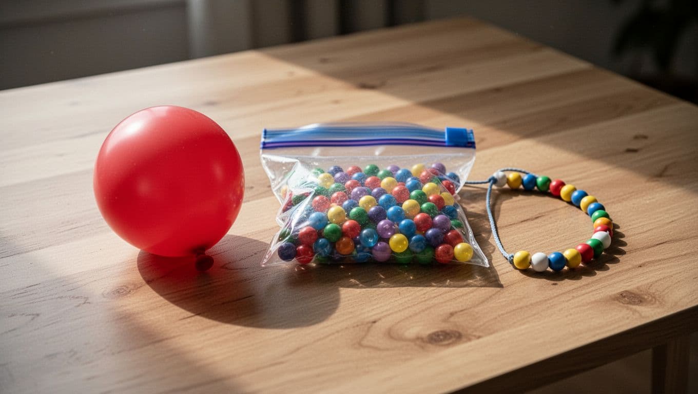 A balloon stress ball sits next to a clear sensory bag filled with colorful beads and a beaded string toy. These items rest on a clean wooden table under soft light.