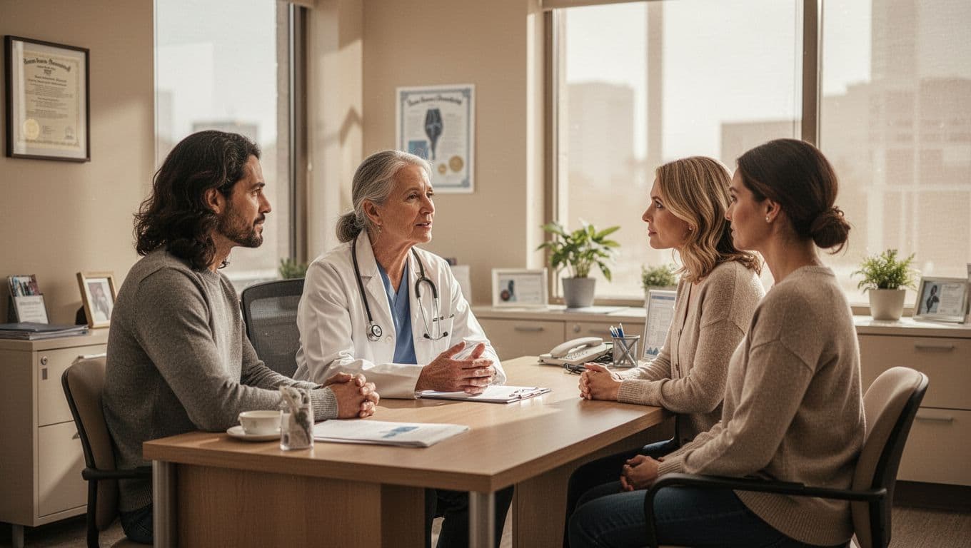 A compassionate doctor sits in a brightly lit office, speaking gently to an attentive couple. They lean toward each other, engaged in a calm, professional medical discussion about their personal health.