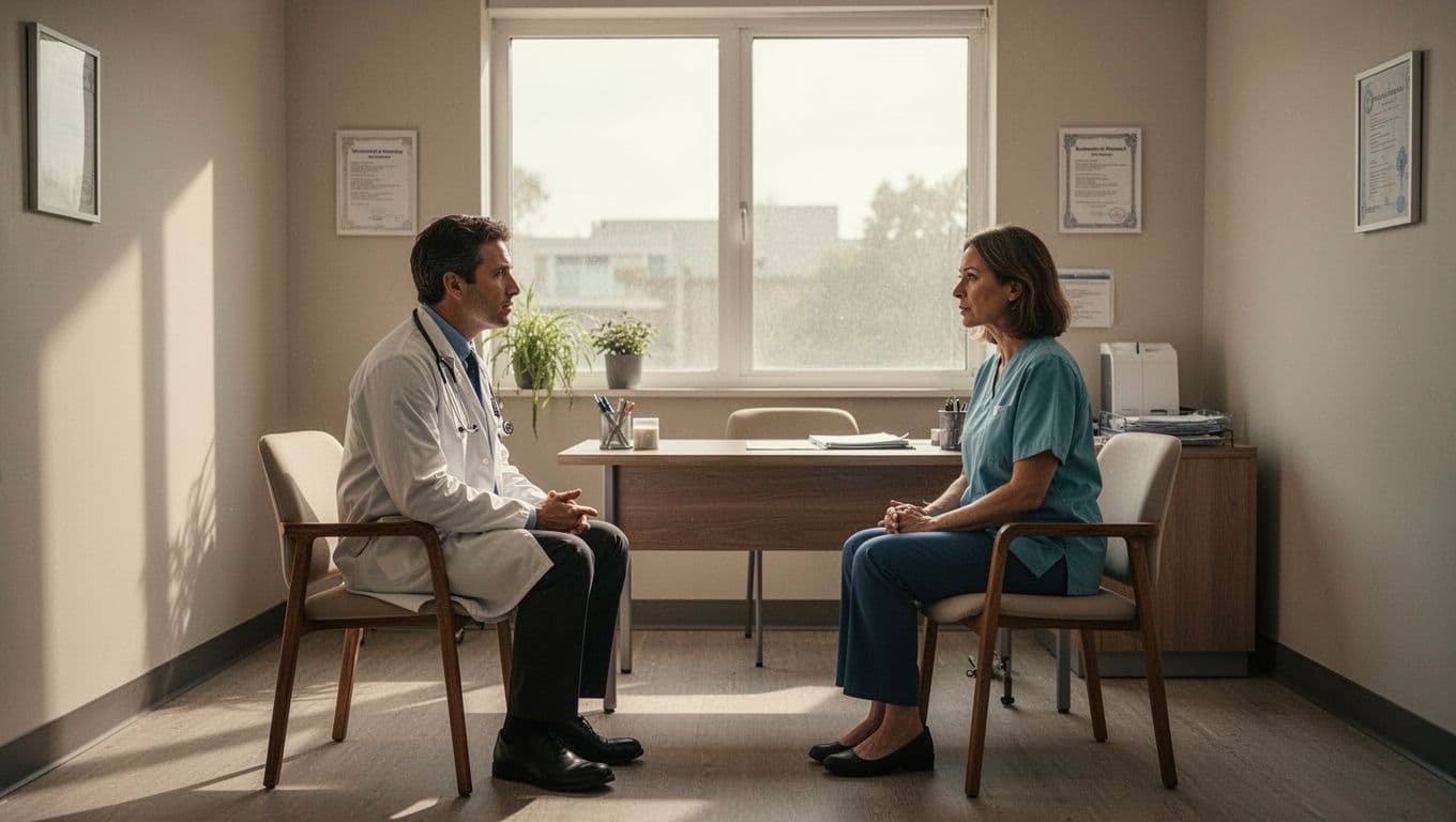 A doctor and patient sit in comfortable armchairs, engaged in a focused conversation. Soft natural light flows from a window, highlighting the uncluttered, warm atmosphere of the private consultation room.