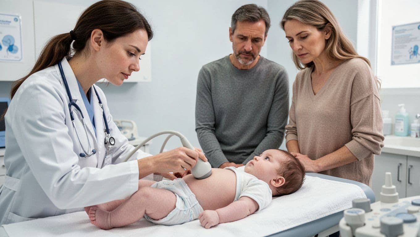 Doctor applies ultrasound probe to infant's stomach in clinic room as two concerned parents watch closely.