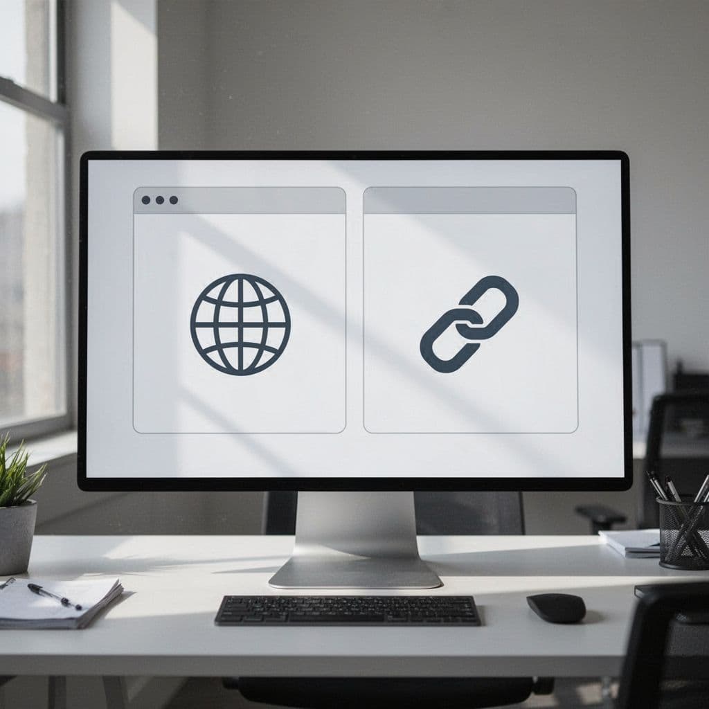 Minimalist dashboard screen displays two high-contrast icons for domain and URL prefix options.