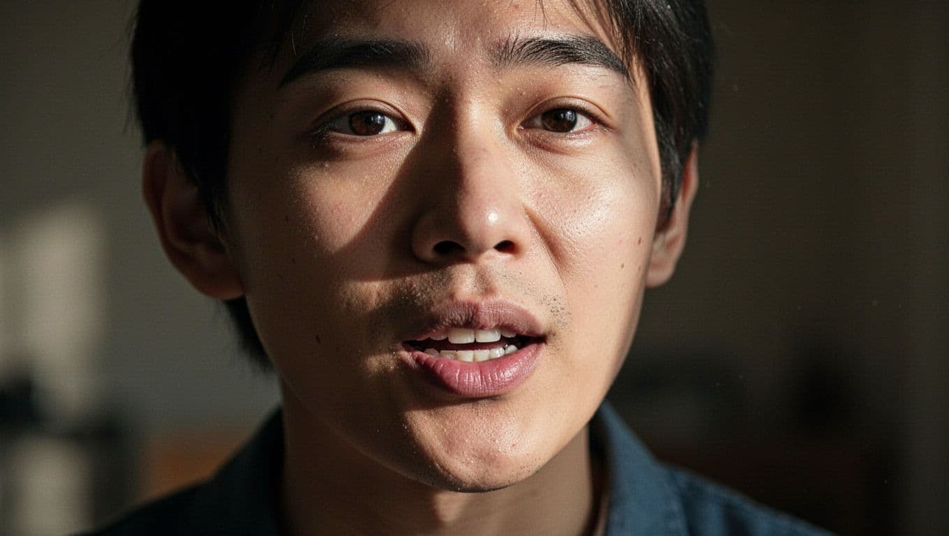 A close-up view captures a person speaking with their mouth slightly open. Strong side lighting creates intense shadows across their facial features, set against a dark and blurry cinematic background.