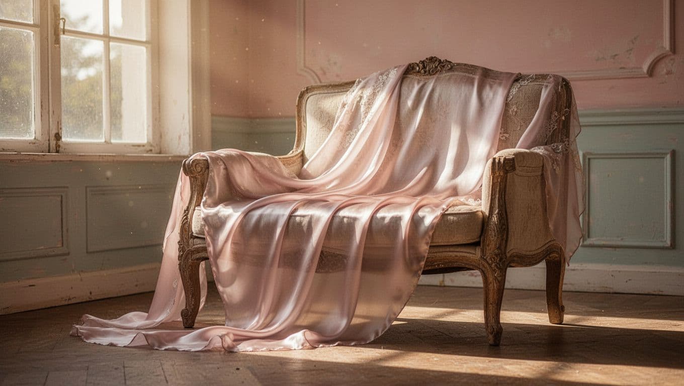 Sheer silk fabric cascades gracefully over the weathered edges of a vintage wooden chair. Golden sunlight pours into the pastel room, illuminating delicate fabric folds and the warm, grainy timber texture.