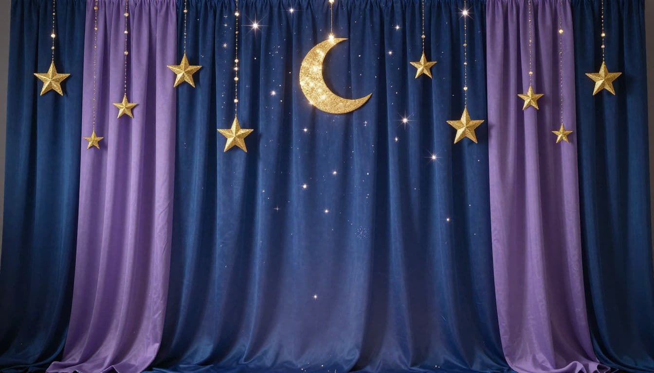 A deep blue and lavender curtain serves as the background for shimmering gold crescent moons and dangling stars. The scene utilizes soft lighting to create an ethereal, night sky atmosphere.