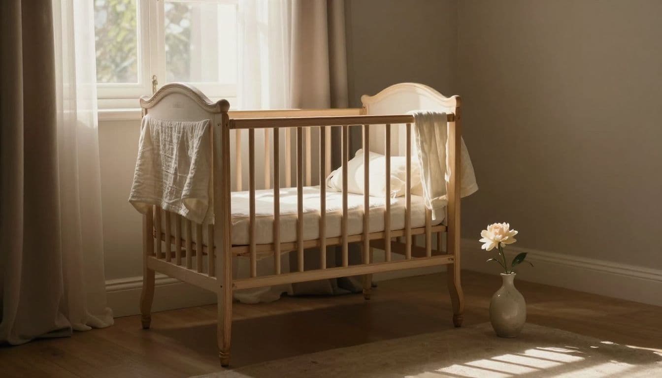 A wooden vintage cradle covered in a soft muslin blanket sits beside a delicate flower vase. Warm, golden sunlight filters through the window, highlighting the serene and peaceful nursery aesthetic.