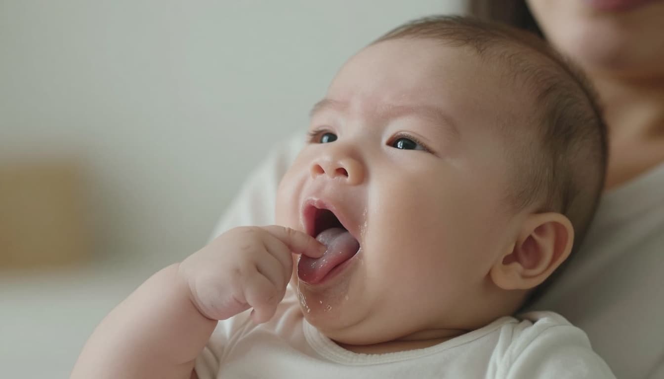 5-month-old baby in caregiver's arms with drool on chin, puckered lips, and tongue out in softly lit home.