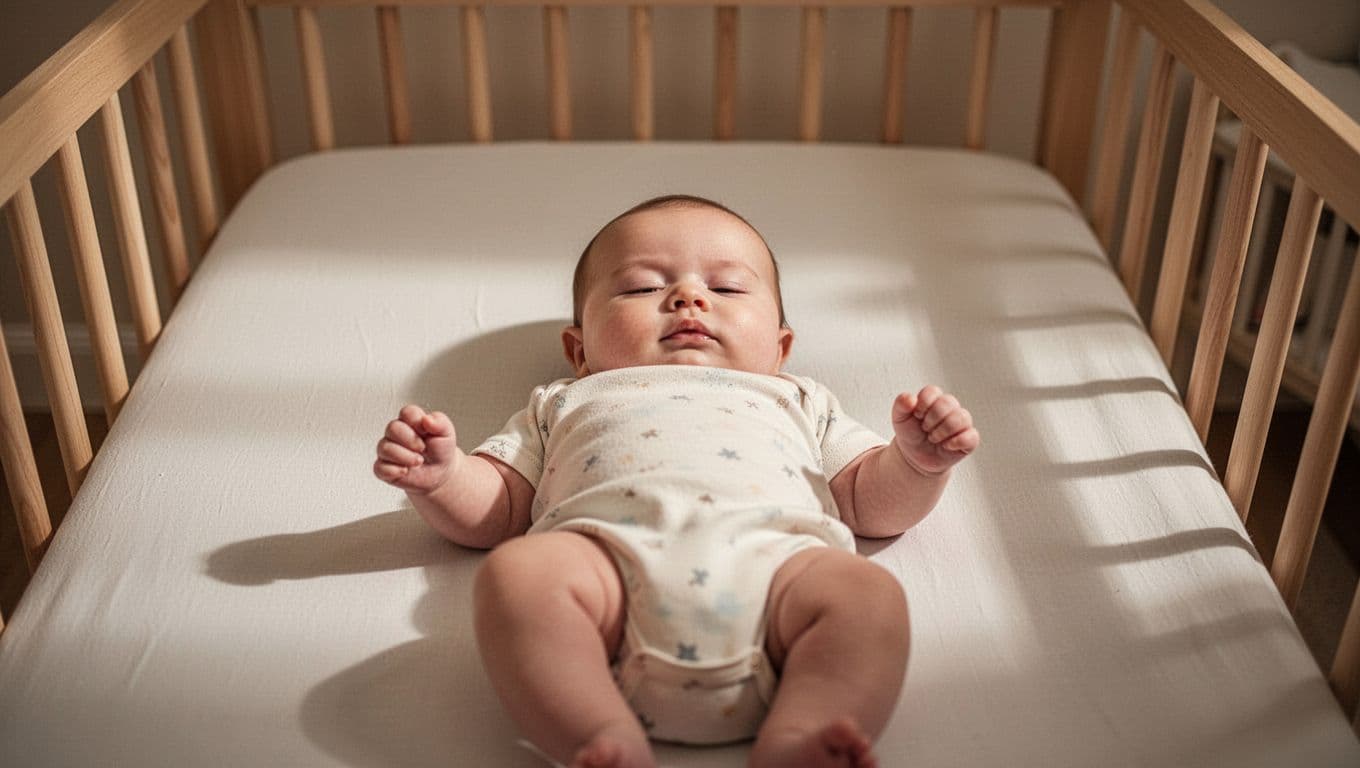 4-month-old baby lies on back in empty crib with half-closed eyes and relaxed hands under dim nursery light.