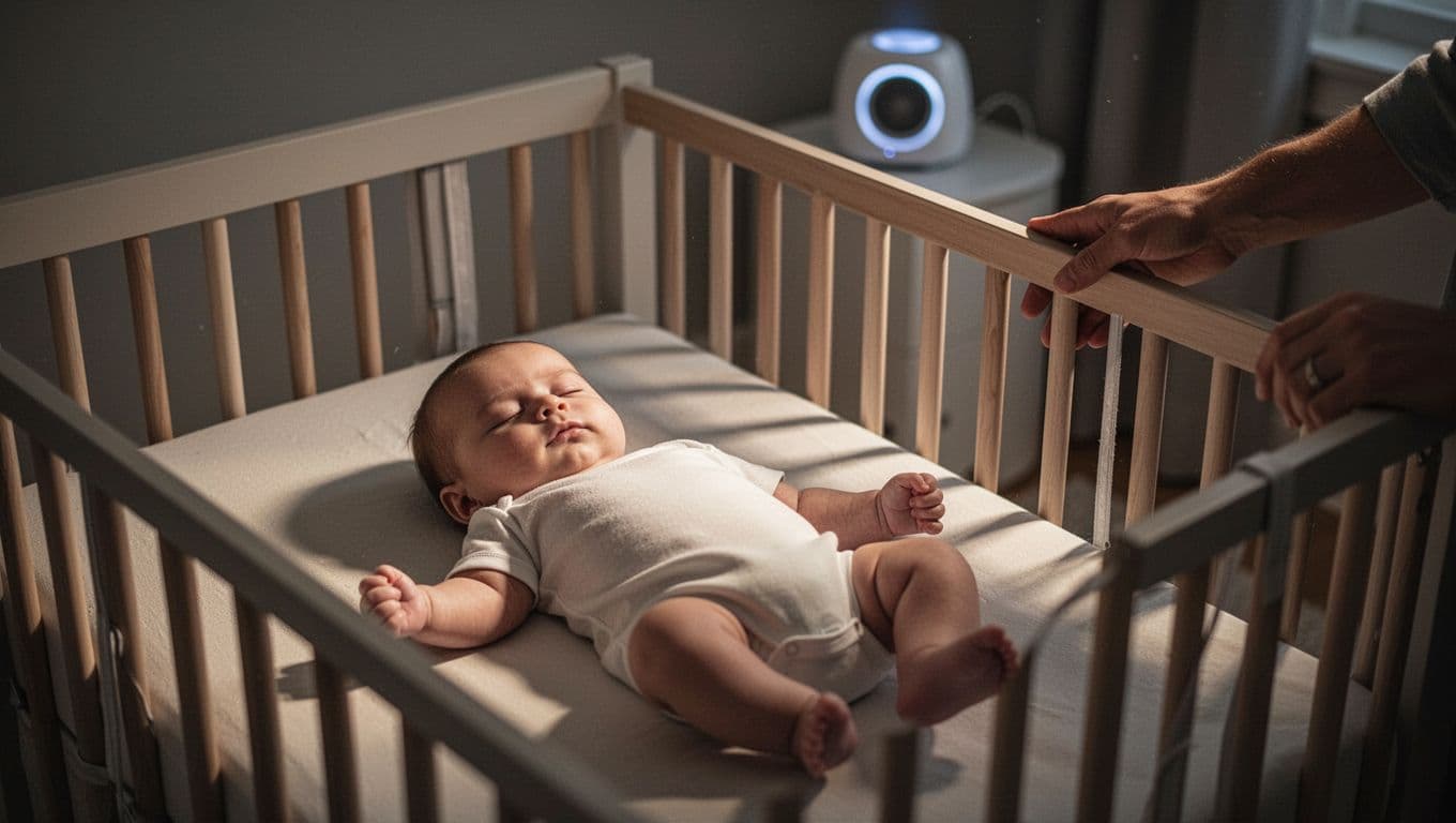 5-month-old baby lies drowsy on back in empty crib, white noise machine in corner, parent's hand on nearby rail.