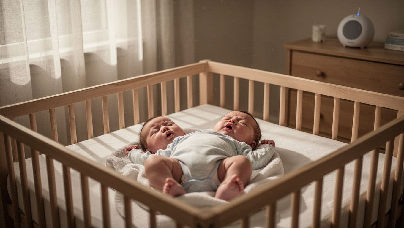 Infant lies on back in empty crib, eyes half-closed yawning slightly in softly lit nursery.