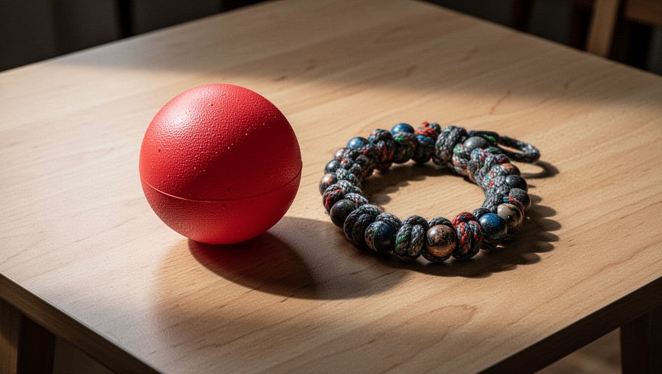 A handmade stress ball reinforced with heavy fabric and a securely tied bead chain sit upon a clean wooden surface. Cinematic lighting highlights the tactile textures of these durable sensory tools.
