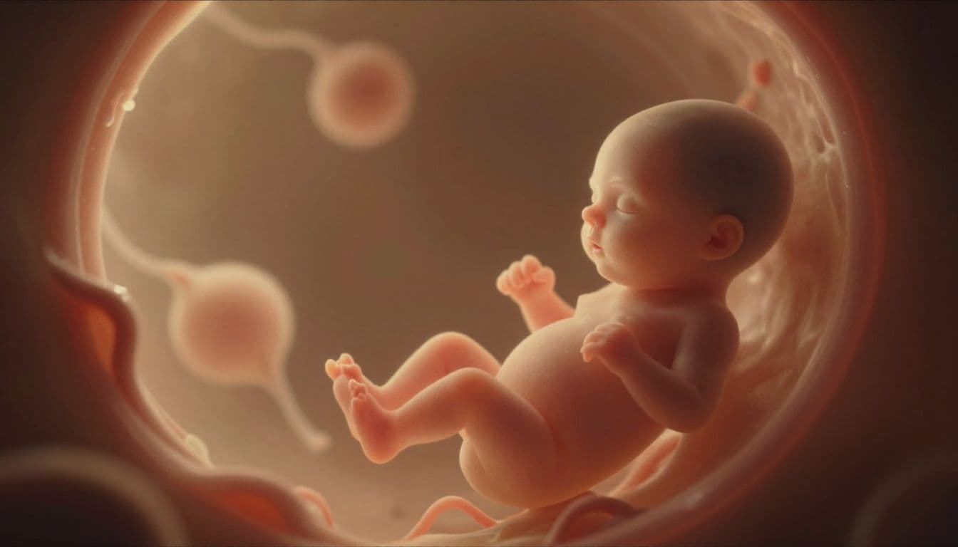 Soft organic shapes glow with warm golden light within a deep, shadowed environment. These abstract ethereal forms represent delicate biological growth, creating a powerful visual metaphor for the first trimester stages.