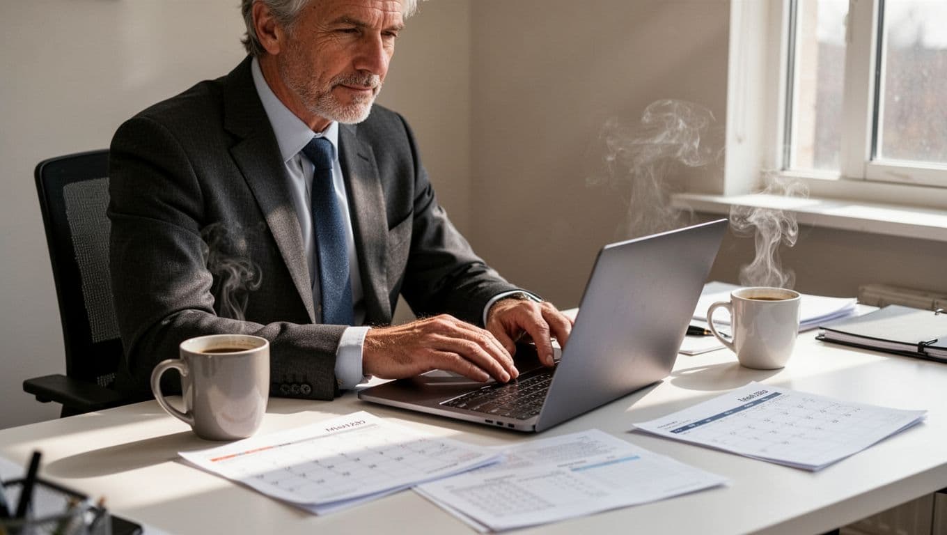 Businessman in 30s checks laptop at early morning office desk with coffee, calendar and notes nearby.