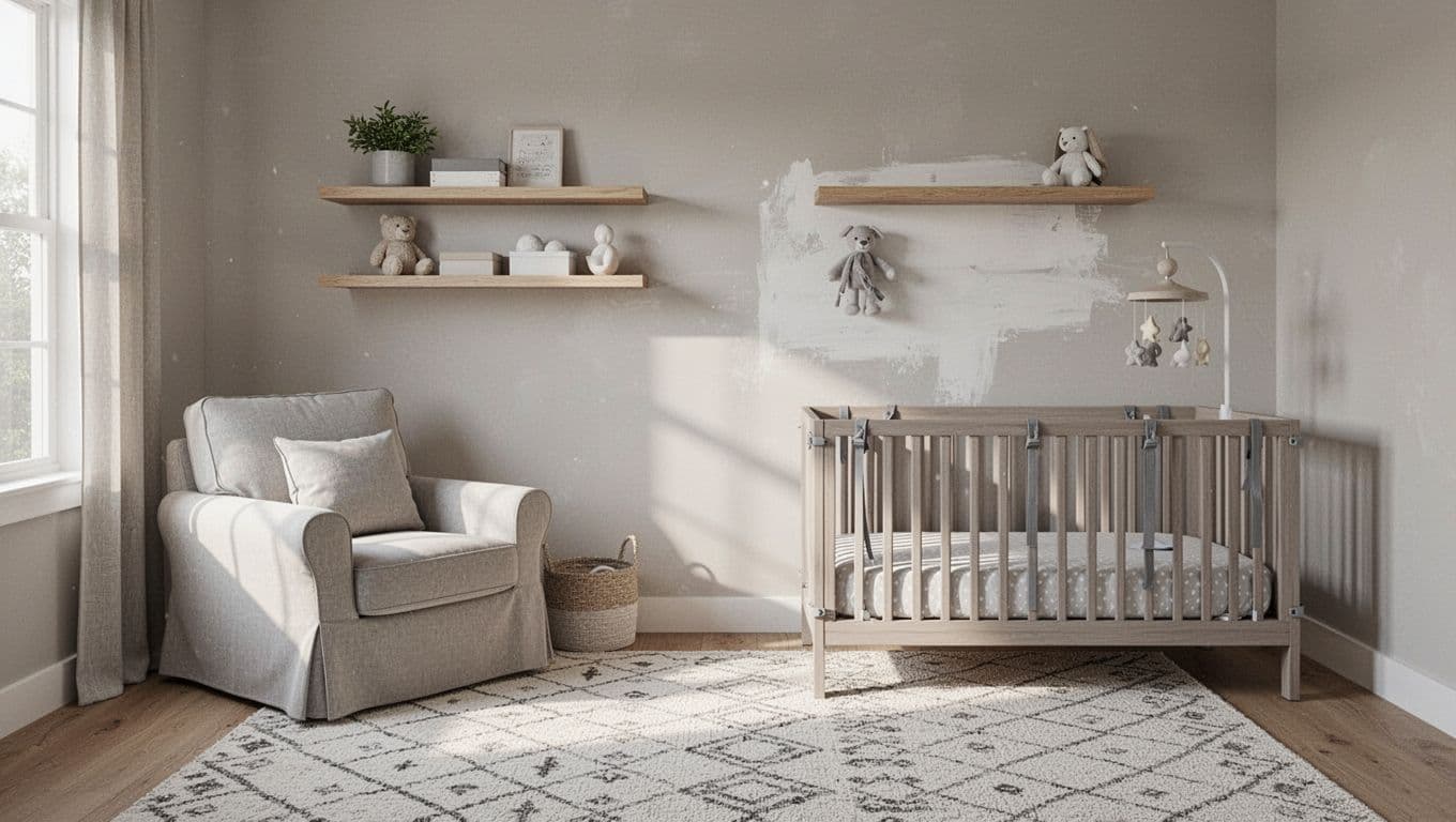 A clean, modern baby nursery with wipeable painted walls, washable patterned rug, slipcovered armchair, minimal wooden shelves, secure anchored furniture, and safe crib setup in neutral tones bathed in natural light. Emphasizes durable, easy-maintenance pieces for lasting tidiness.