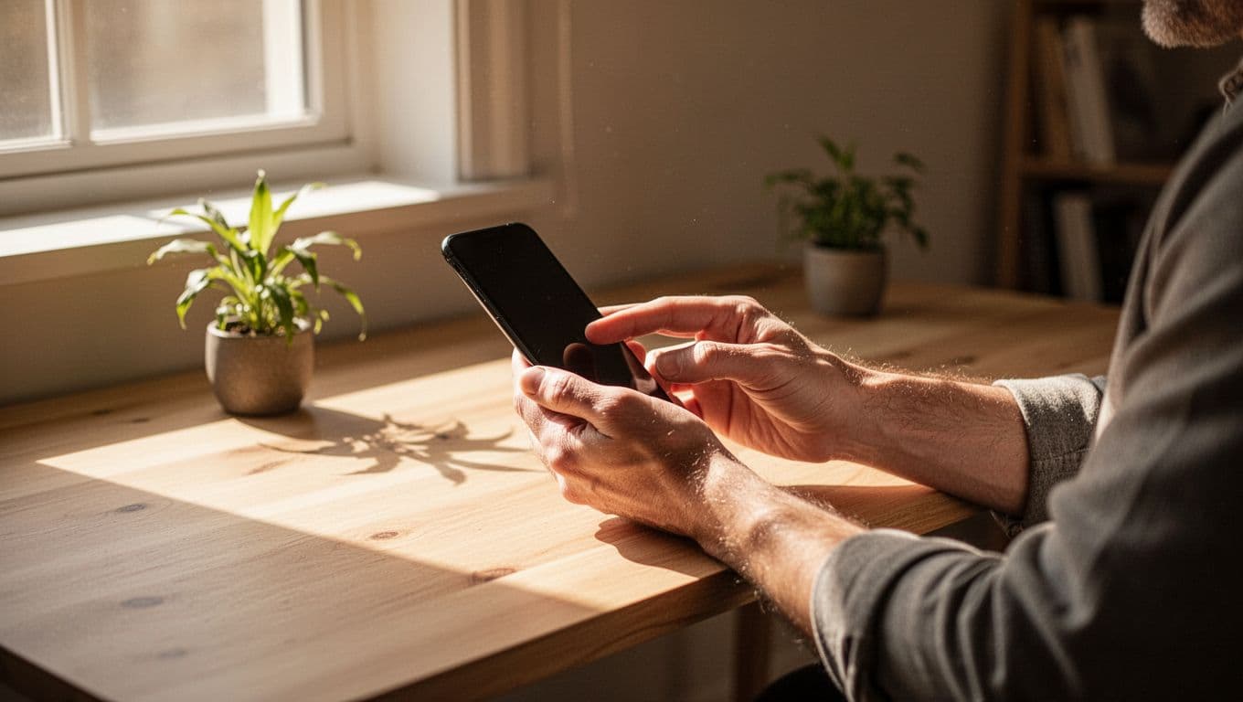 A person holds a sleek smartphone above a minimalist wooden desk surface. Warm sunlight streams across the workspace, illuminating a small green potted plant while dramatic shadows add depth and focus.