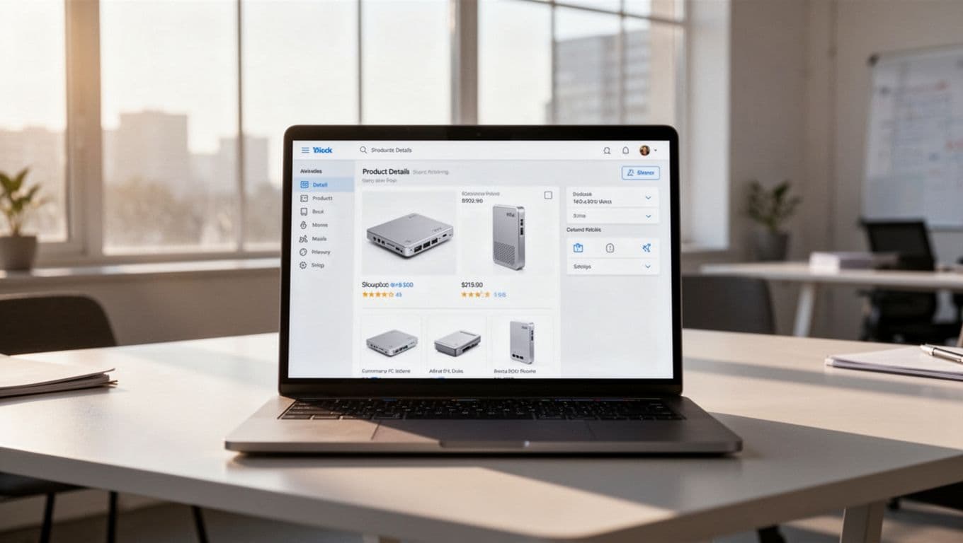 A sleek silver laptop sits open on a polished desk, showcasing a structured product layout with high-quality images and clear pricing. Soft morning light creates a clean, professional workspace atmosphere.