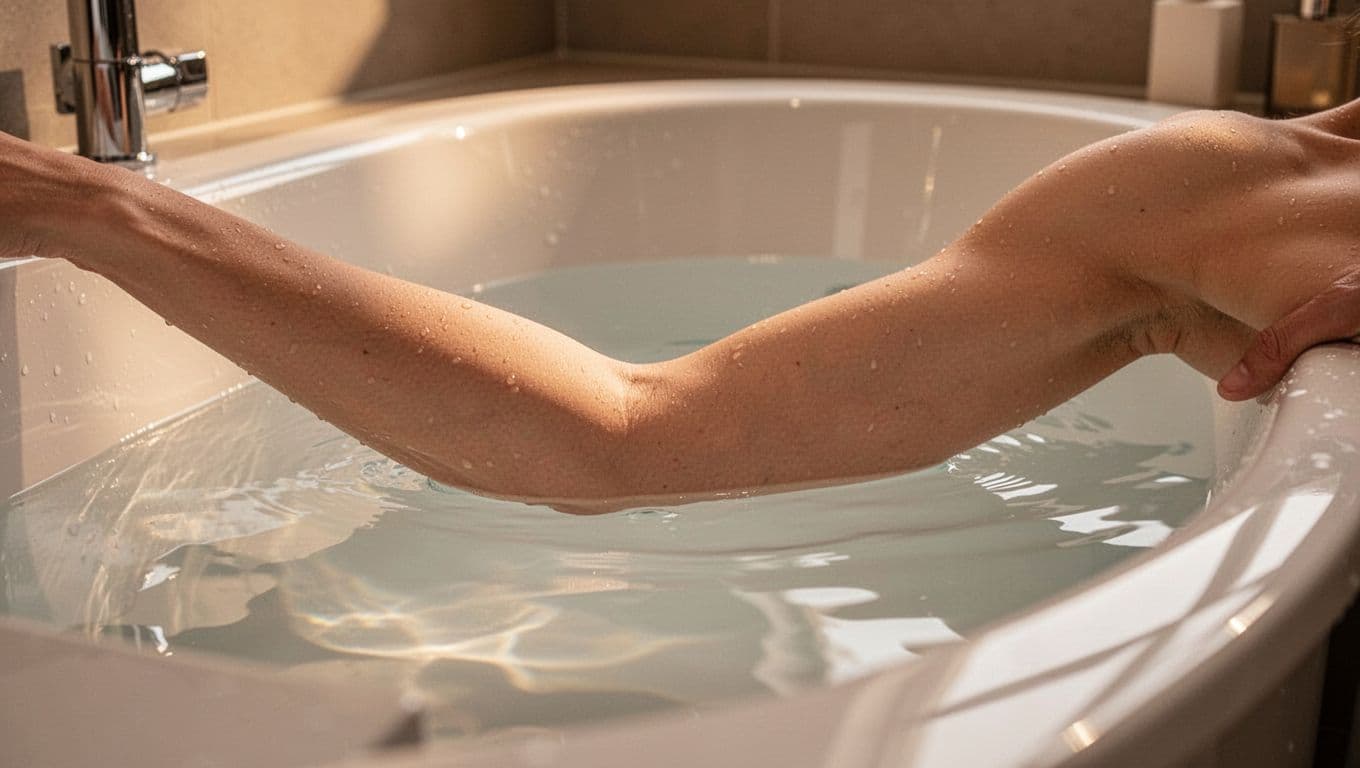 Adult inner elbow submerged in shallow baby bath tub water, close-up on arm and surface in cozy bathroom.