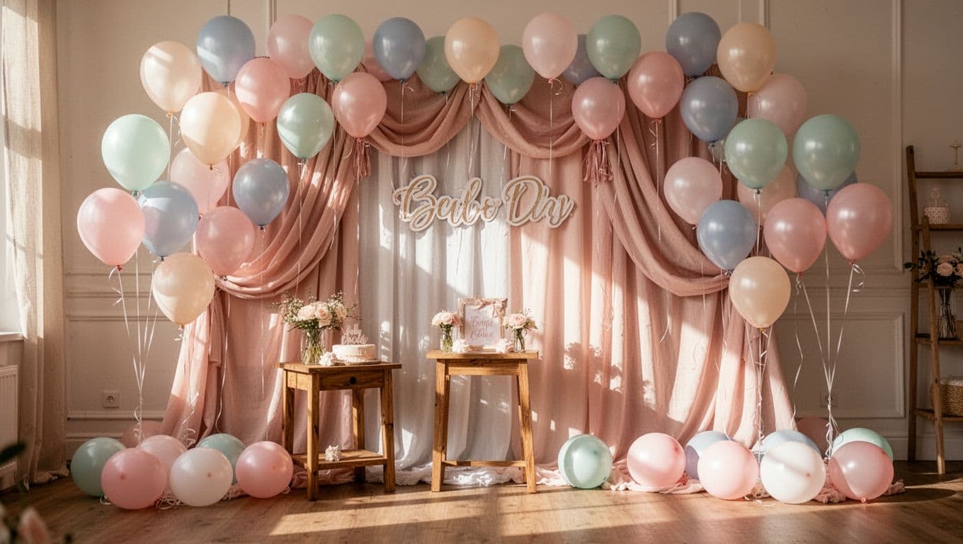 A sophisticated event display features soft pastel balloons arranged in a balanced garland over draped white fabric. A small wooden side table sits in the foreground, illuminated by warm, soft light.