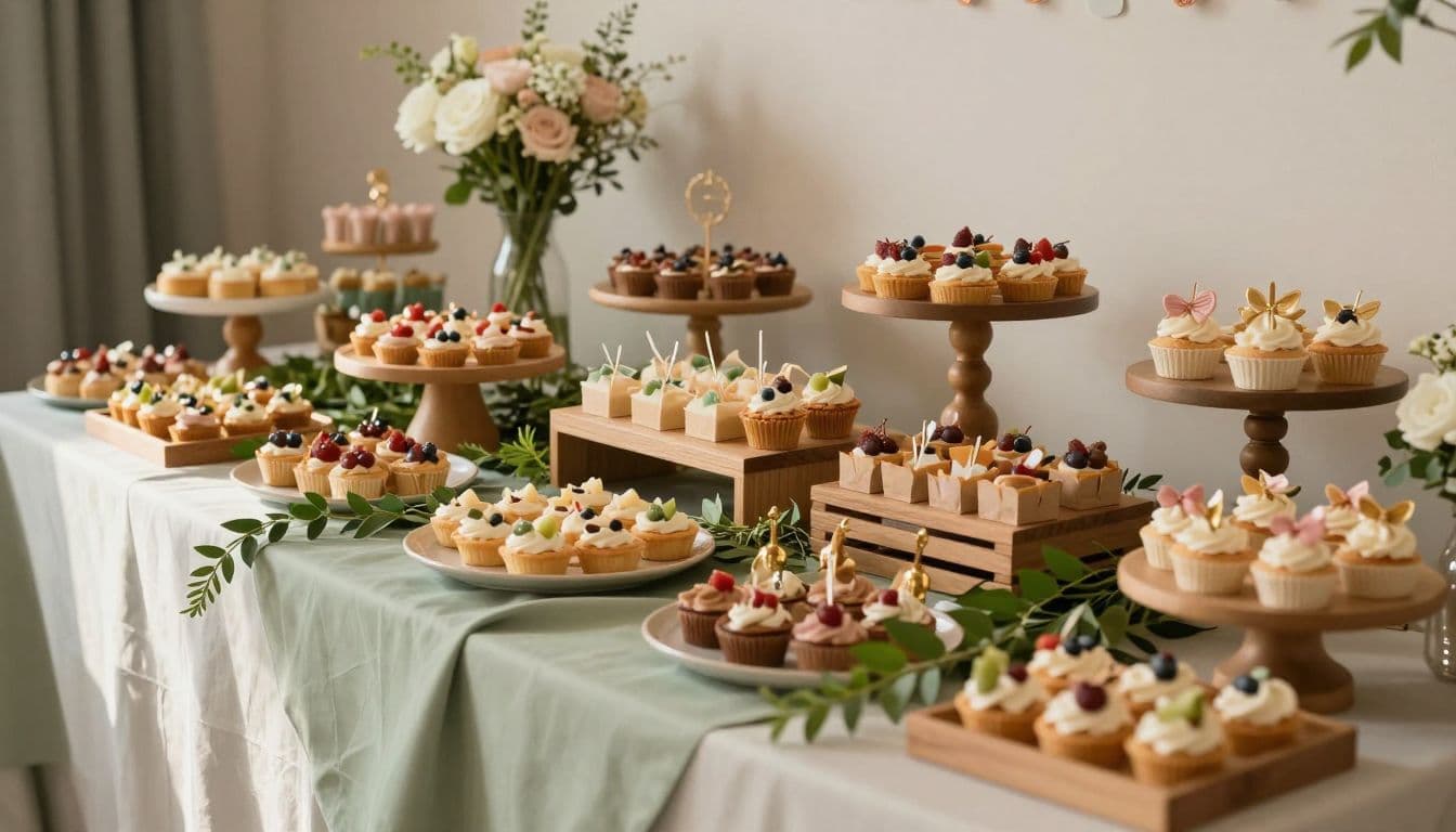 A tiered buffet table displays delicate finger foods on wooden risers and gold cake stands. Lush greenery and pastel flowers complement the sage and blush color palette under soft lighting.