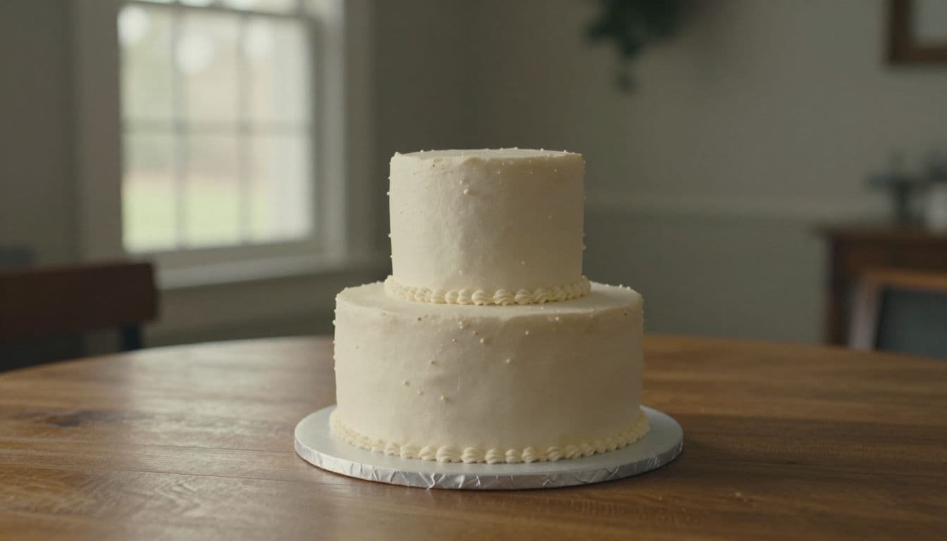 A tiered pastel-colored cake decorated with delicate fondant flowers rests on a rustic wooden table. Soft natural light highlights the intricate icing details while a blurred background creates depth.