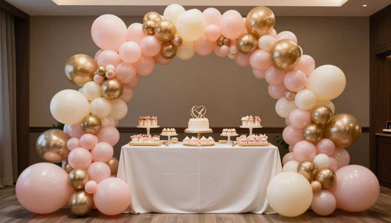 A voluminous balloon arch in shades of blush, cream, and metallic gold creates a decorative frame over a dessert table. Soft ambient lighting highlights the varied textures and organic cluster arrangement.