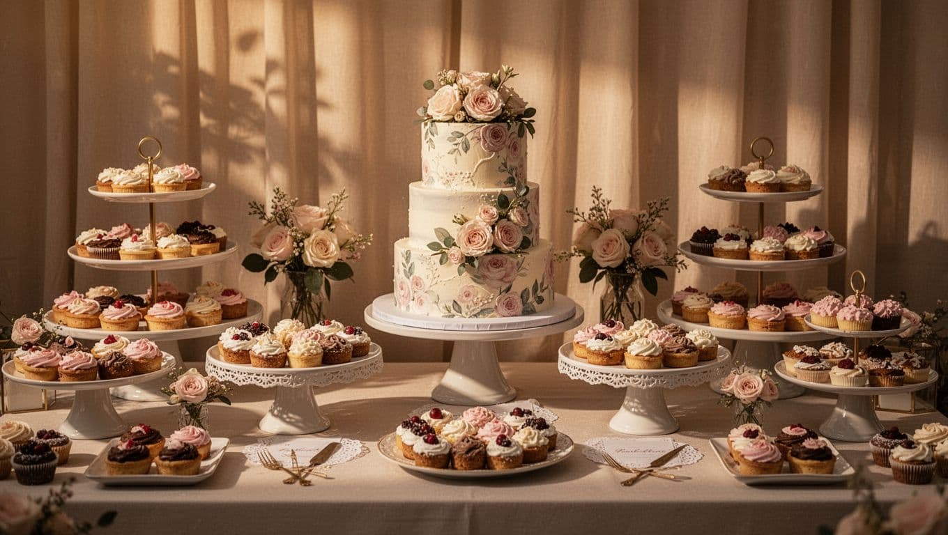 A tiered dessert display features matching cake stands and decorated sweets arranged symmetrically on a table. The soft, warm lighting highlights the elegant decorations and carefully styled backdrop behind the treats.